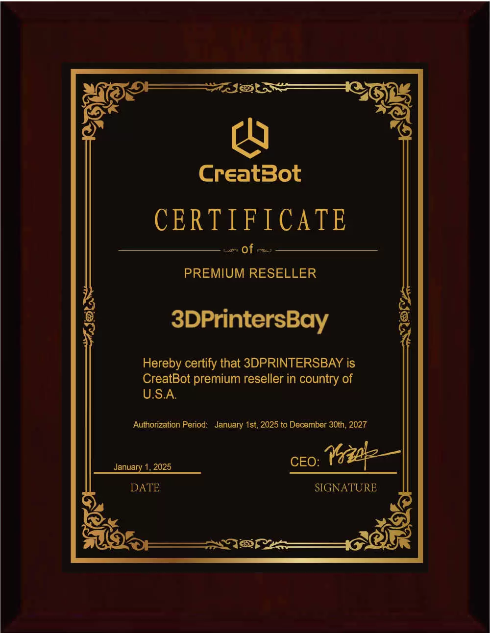 creatbot premium reseller certificate for 3dprintersbay
