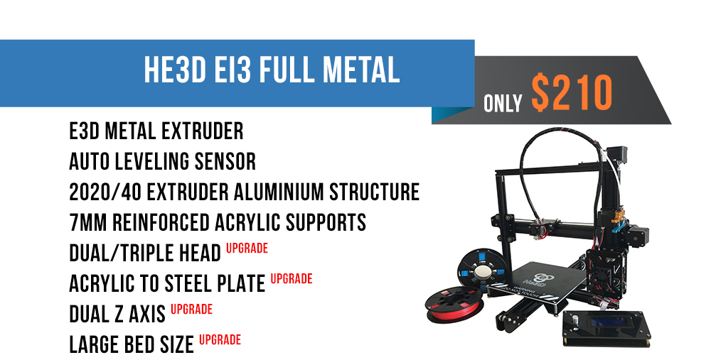 HE3D Ei3 Multi Extruder 3D Printer Kit with 2 Free Rolls of Filament