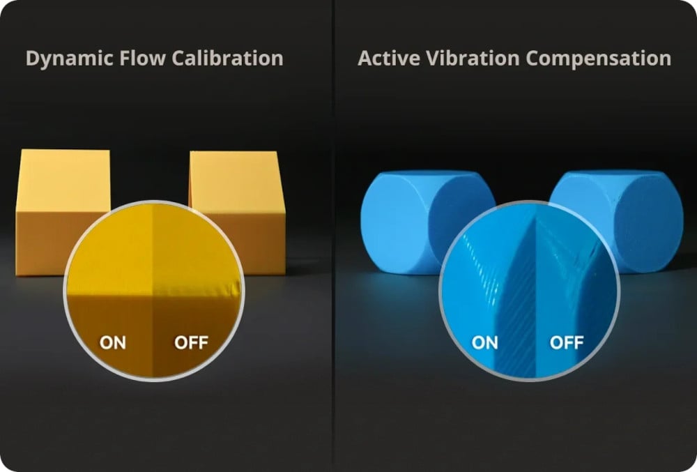 Side-by-side comparison of prints with Dynamic Flow Calibration and Active Vibration Compensation turned on versus off
