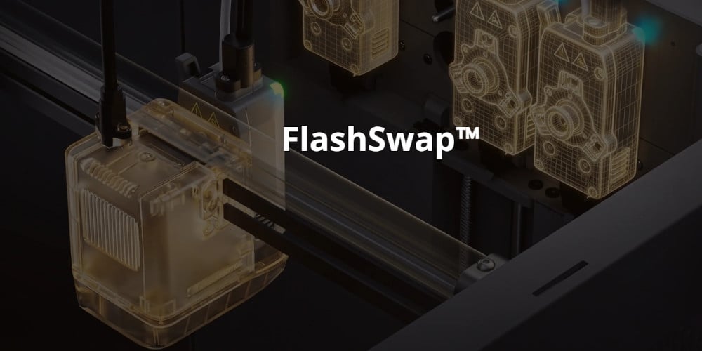 Flashforge FlashSwap multi-toolhead technology showing four interchangeable print heads