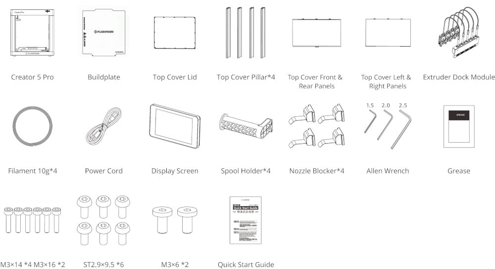 Flashforge Creator 5 Pro packing list including build plate, top cover panels, extruder dock module, filament samples, tools, and quick start guide