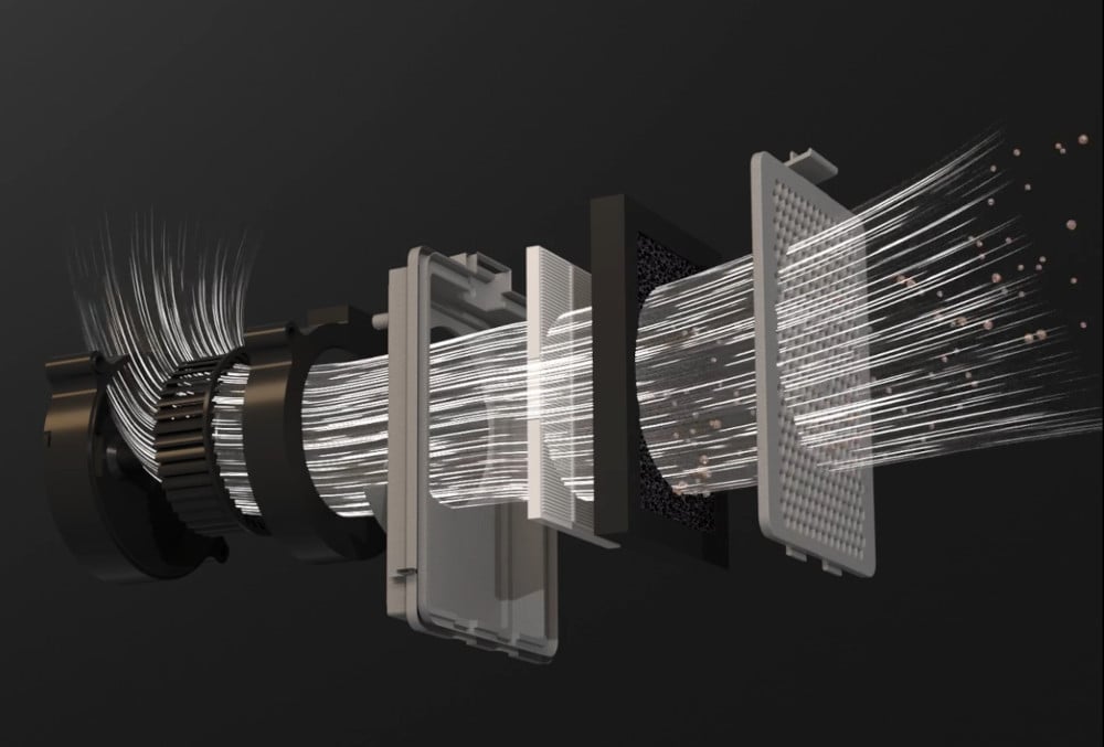 Exploded diagram of the Flashforge Creator 5 Pro air filtration system with HEPA13 filter and activated carbon layers