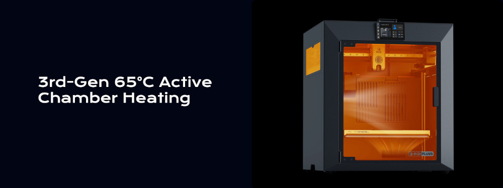 QIDI Plus5 enclosed chamber glowing orange to show 65 degree Celsius active chamber heating
