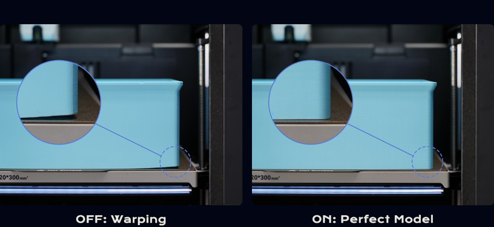 Side-by-side comparison of a printed part with heated bed off showing warping versus heated bed on showing a perfect first layer