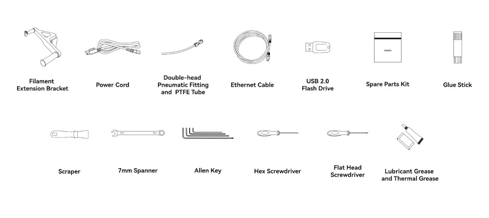 QIDI Plus5 included accessories: filament extension bracket, power cord, pneumatic fitting, ethernet cable, USB flash drive, spare parts kit, glue stick, scraper, spanner, allen keys, screwdrivers, and lubricant grease