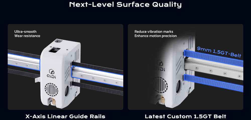 QIDI Plus5 X-axis linear guide rail and 9mm wide 1.5GT CoreXY belt for next-level surface quality