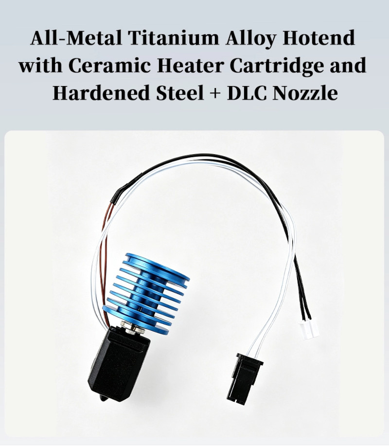 All-metal titanium alloy hotend with ceramic heater cartridge and hardened steel DLC-coated nozzle