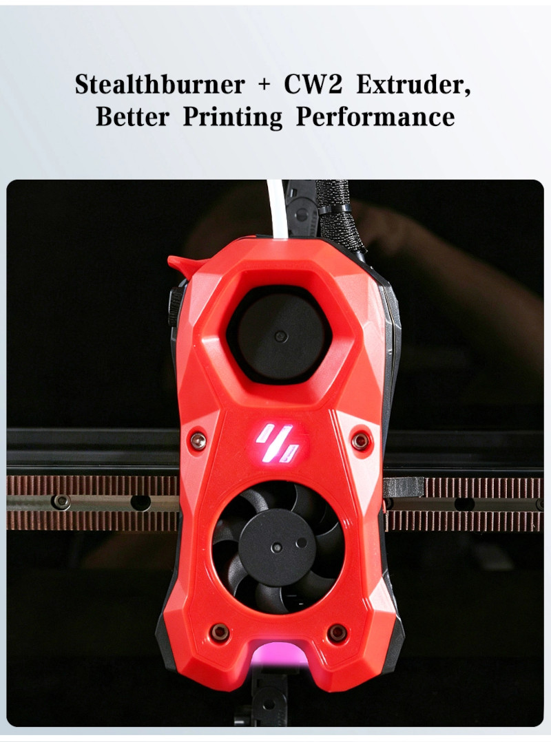 Stealthburner toolhead with CW2 direct drive extruder and RGB status lighting on Voron 2.4 R2 Ultra