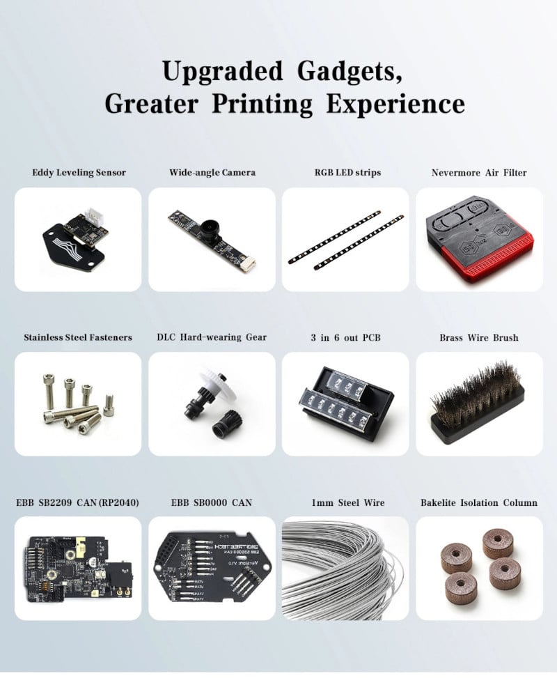 Voron 2.4 R2 Ultra upgraded gadgets including eddy leveling sensor, wide-angle camera, RGB LED strips and Nevermore air filter